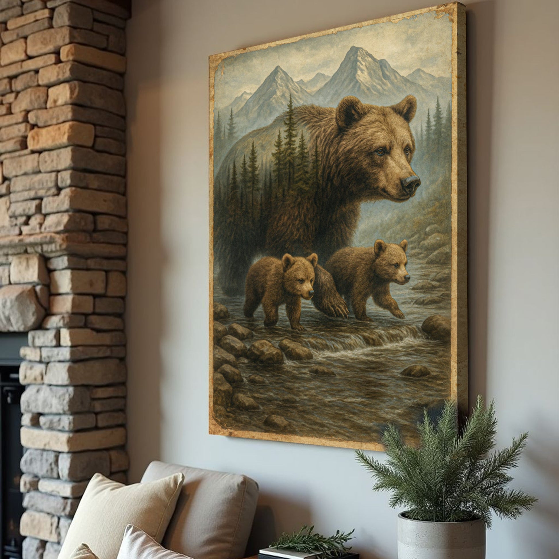 Mother Bear and Cubs Crossing Double Exposure wall art with nature-inspired artwork - product view 2
