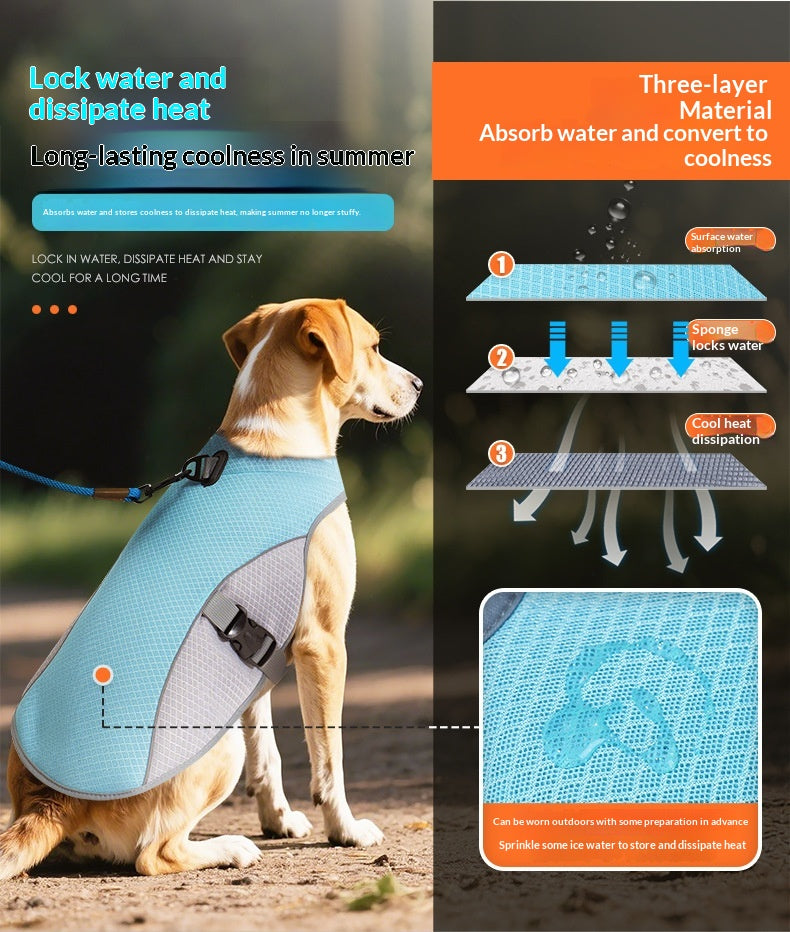Dog wearing a cooling vest with text explaining its functions