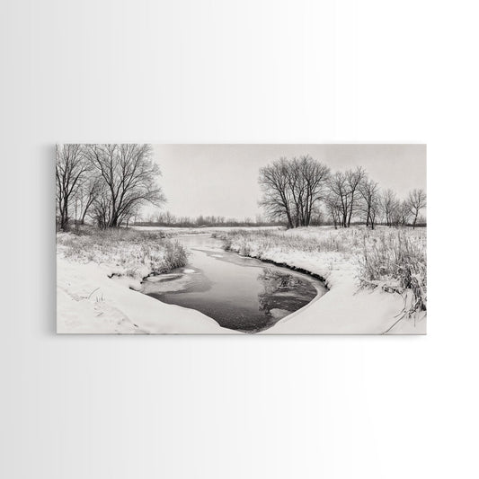 Frozen Stream & Bare Trees | Black & White Landscape Canvas Print