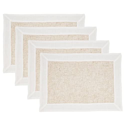 Natural & White Two-Tone Banded Border Placemats, Table Runner or Napkins