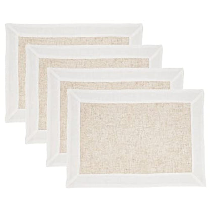 Natural & White Two-Tone Banded Border Placemats, Table Runner or Napkins