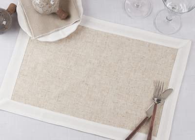 Natural & White Two-Tone Banded Border Placemats, Table Runner or Napkins
