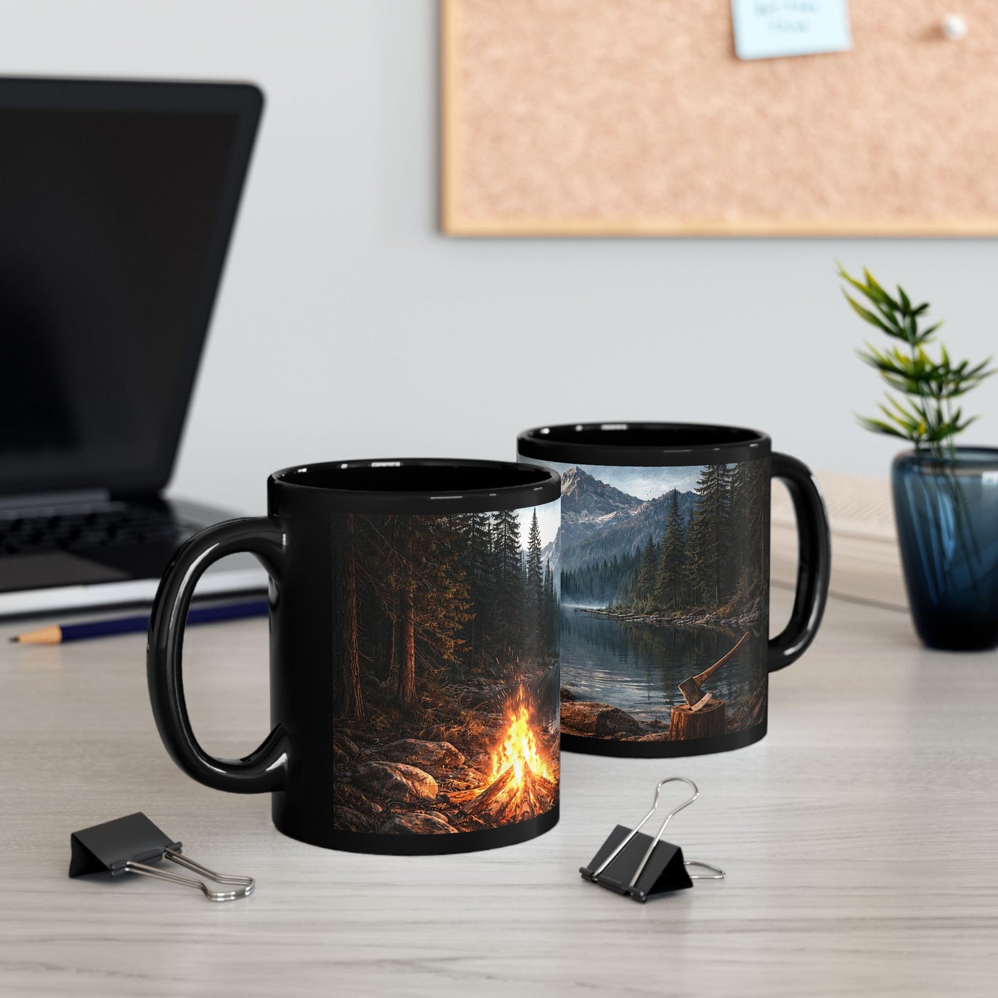 Campfire at Mountain Lake Ceramic Mug — Scenic Outdoors Coffee Cup (11oz, 15oz)