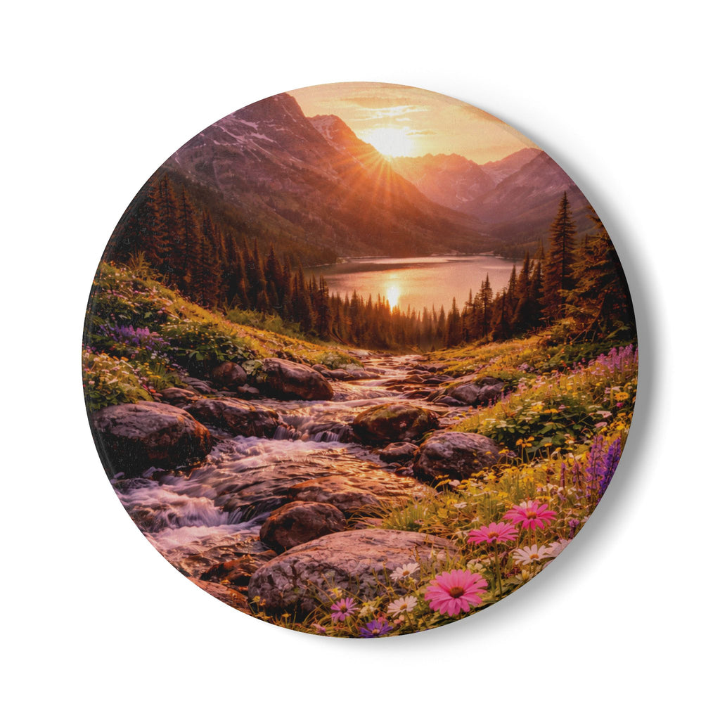 Sunset Mountain Valley Floral Scene coaster with nature-inspired artwork - product view 2