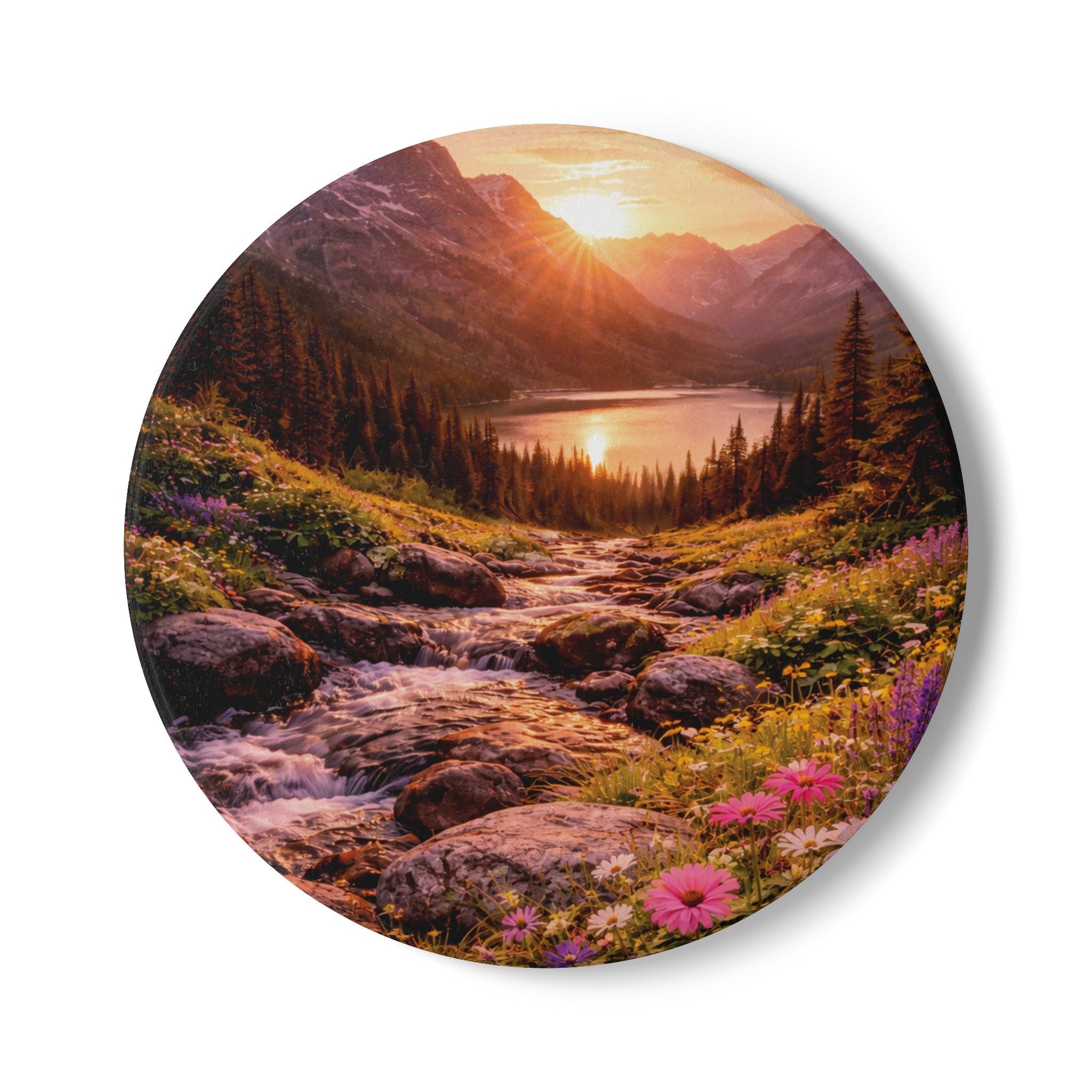 Sunset Mountain Valley Floral Scene coaster with nature-inspired artwork - product view 2