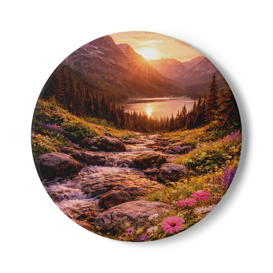 Sunset Mountain Valley Floral Scene Ceramic Coaster | Lake Landscape Drink Mat