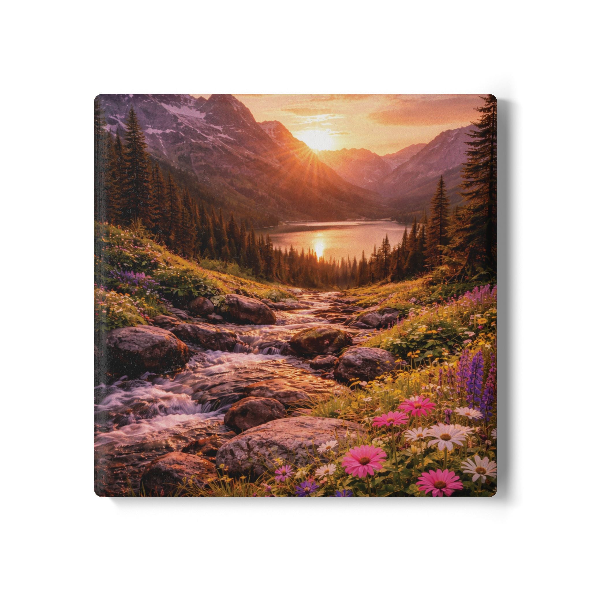 Sunset Mountain Valley Floral Scene coaster with nature-inspired artwork - product view 3
