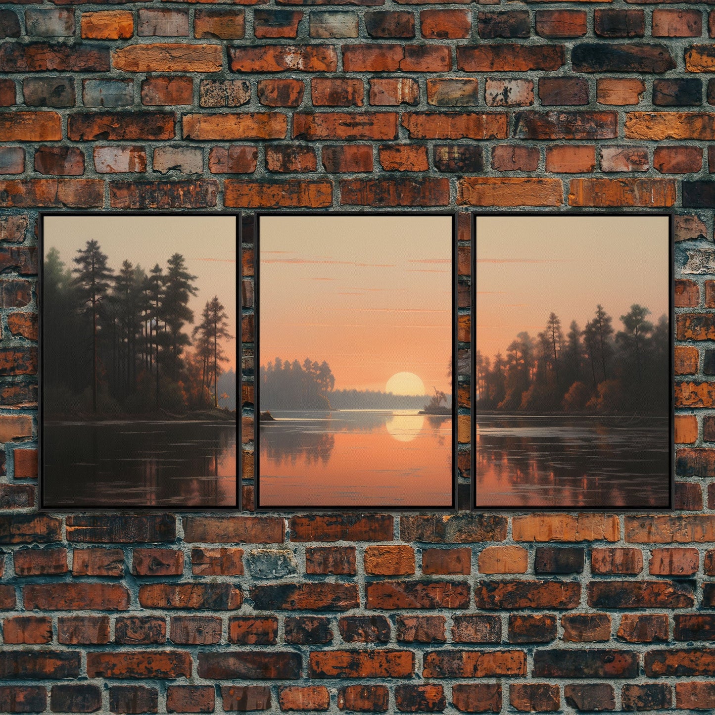 3 Panel Sunset Over the Lake | Framed Canvas Print
