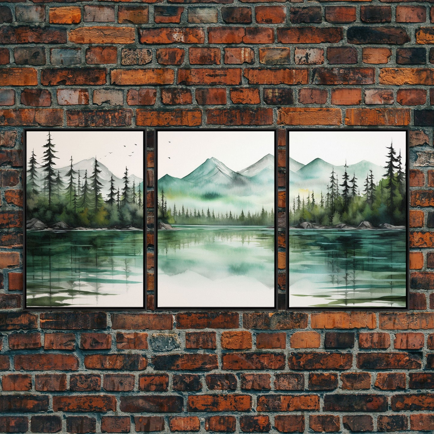 3 Panel Watercolor Emerald Green Mountain Forest Lake | Framed Canvas Print