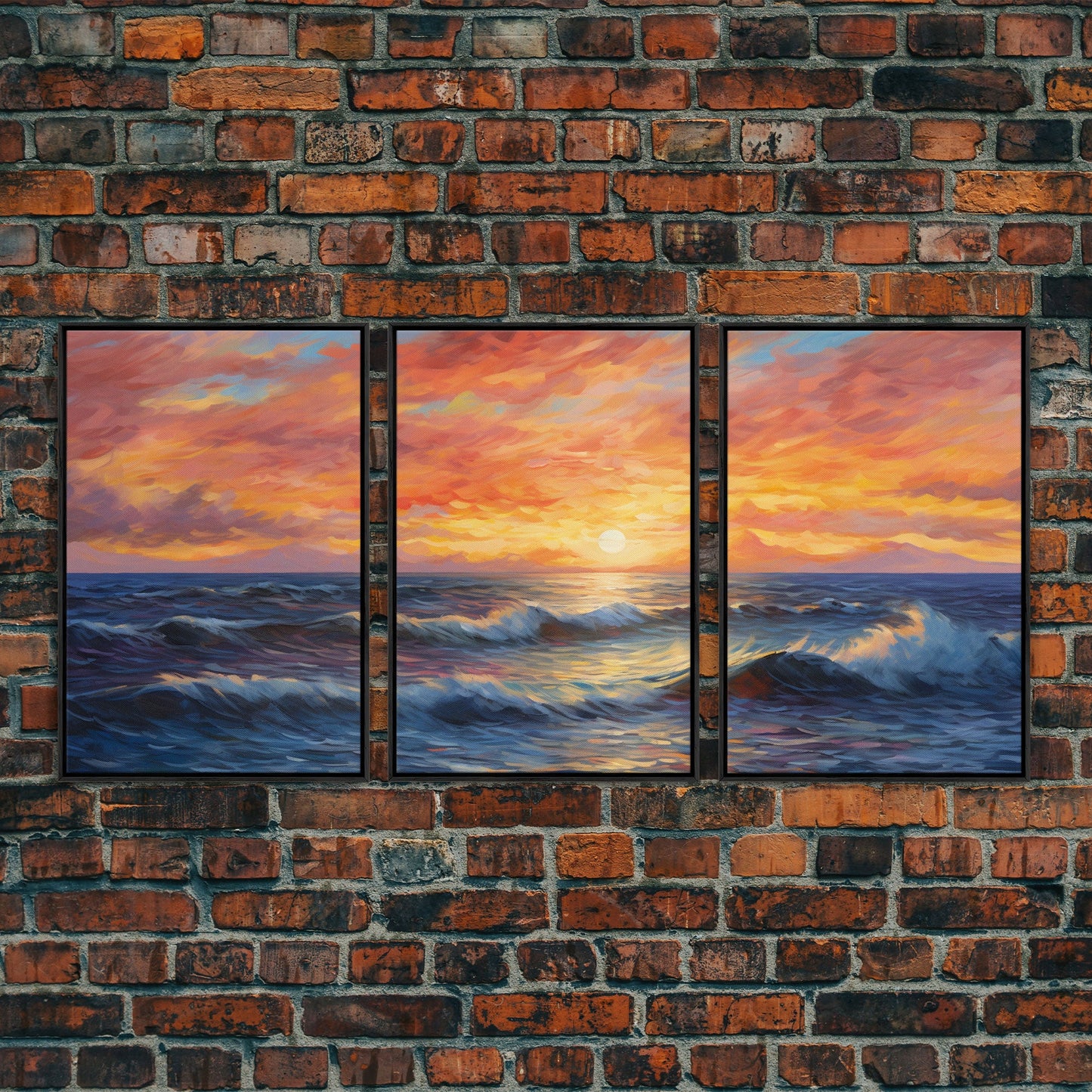 3 Panel Watercolor Blue Beach and Ocean Waves | Framed Canvas Print