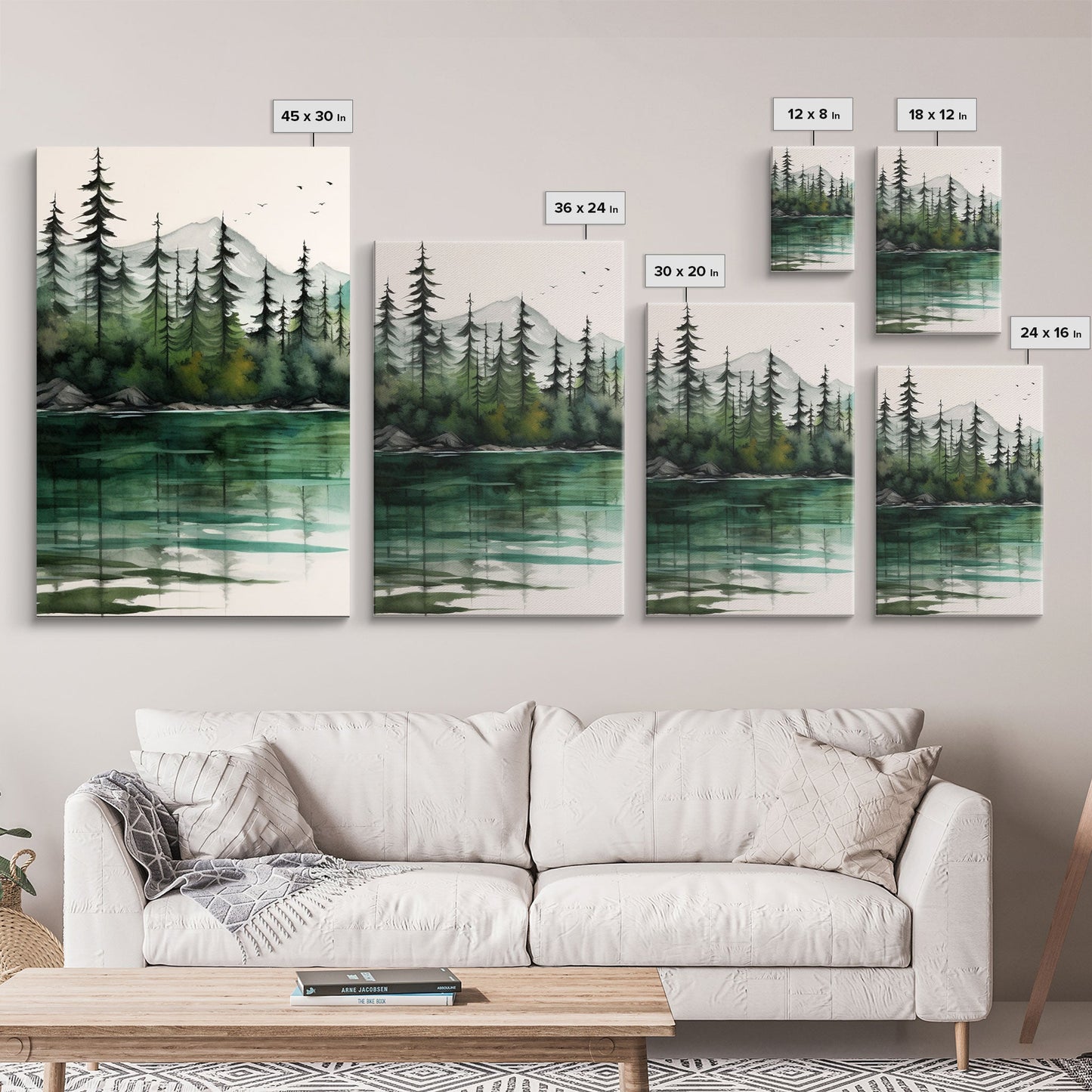 3 Panel Watercolor Emerald Green Mountain Forest Lake | Framed Canvas Print