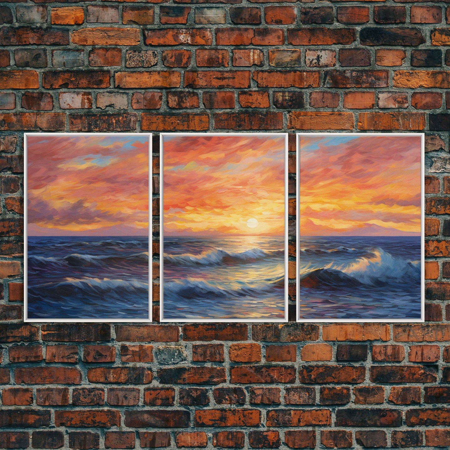 3 Panel Watercolor Blue Beach and Ocean Waves | Framed Canvas Print