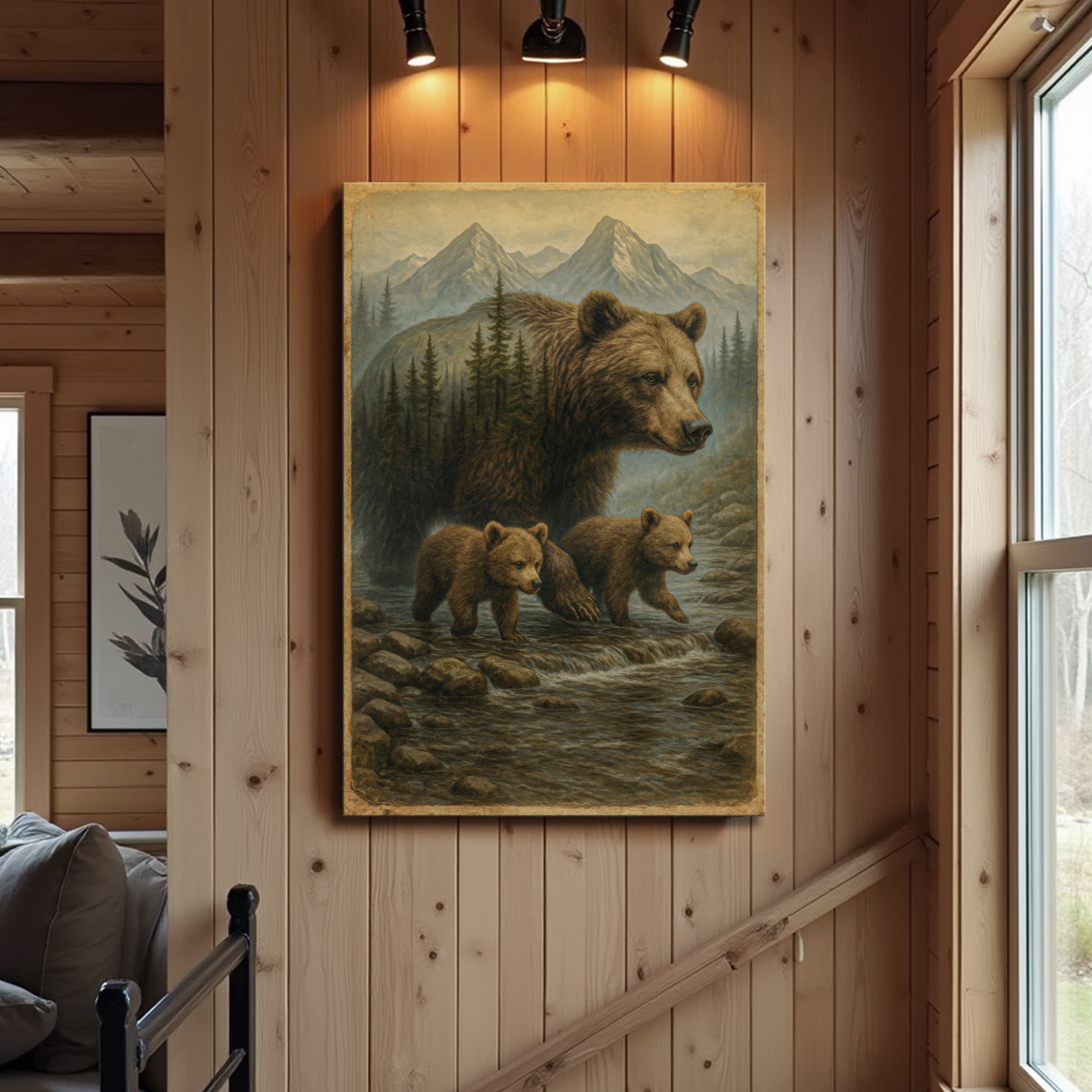 Mother Bear and Cubs Crossing Double Exposure wall art with nature-inspired artwork - product view 3