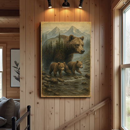 Mother Bear and Cubs Crossing Double Exposure wall art with nature-inspired artwork - product view 3