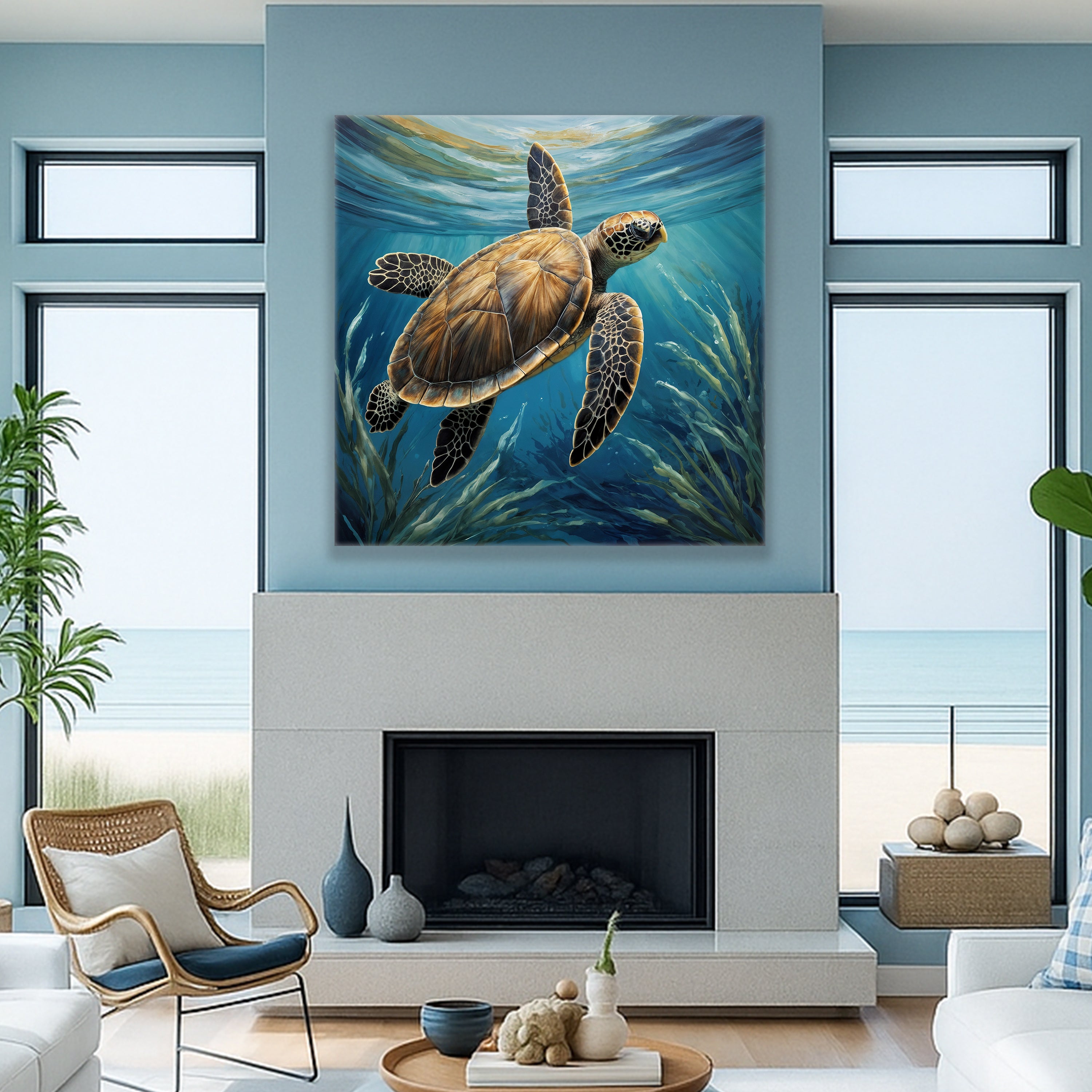 Turtle in Seagrass Coastal wall art with nature-inspired artwork - product view 3