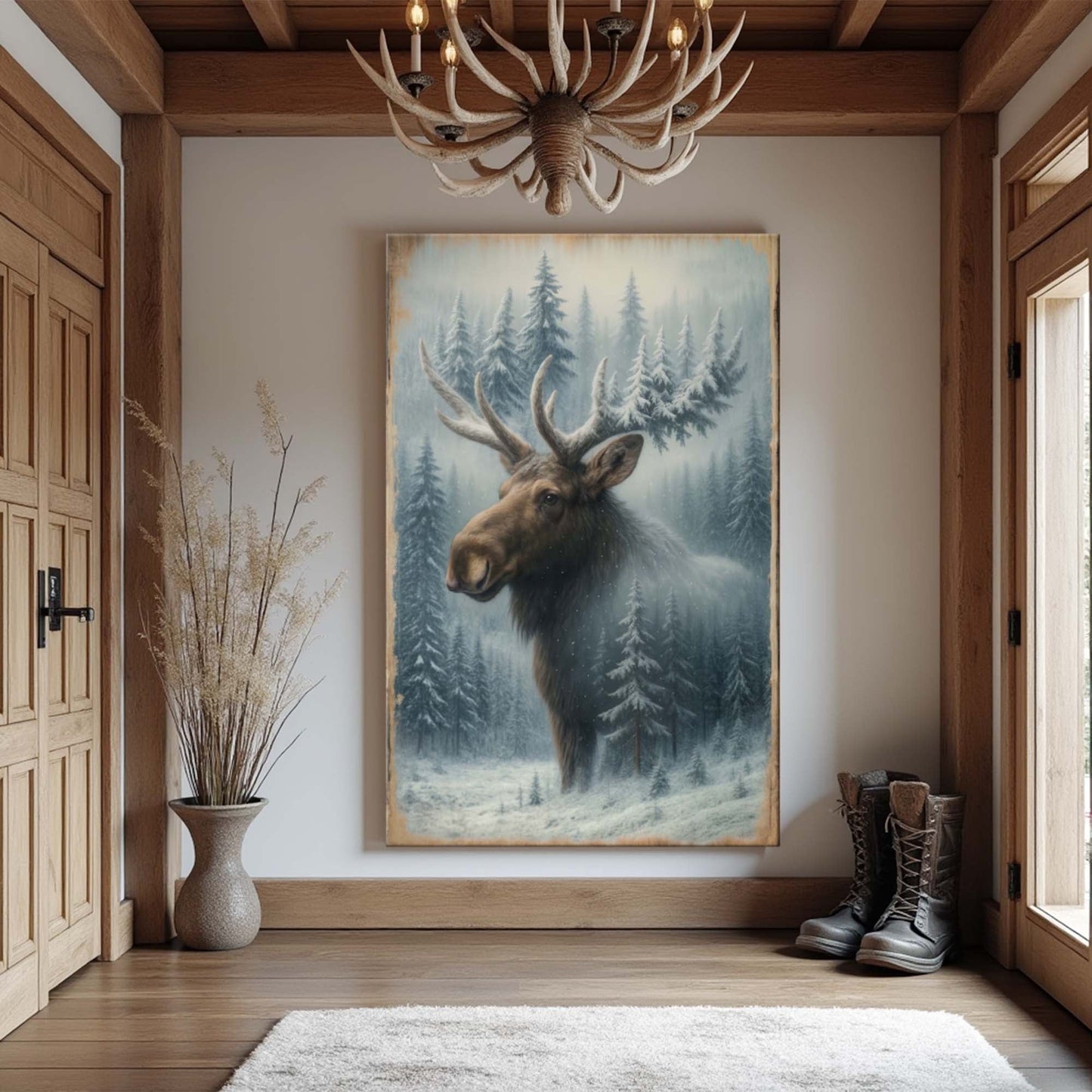 Snowy Forest Moose Double Exposure wall art with nature-inspired artwork - product view 3