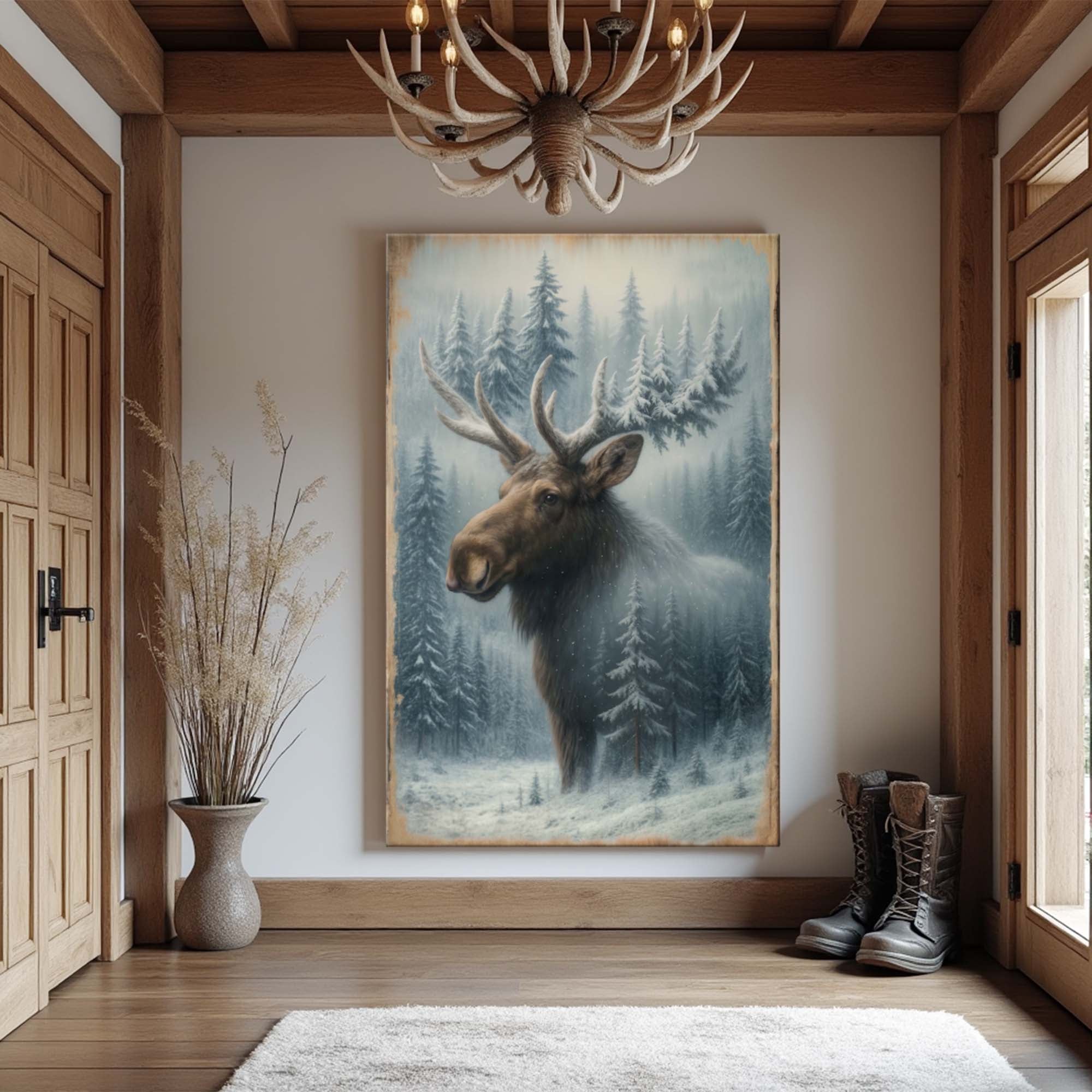 Snowy Forest Moose Double Exposure wall art with nature-inspired artwork - product view 3