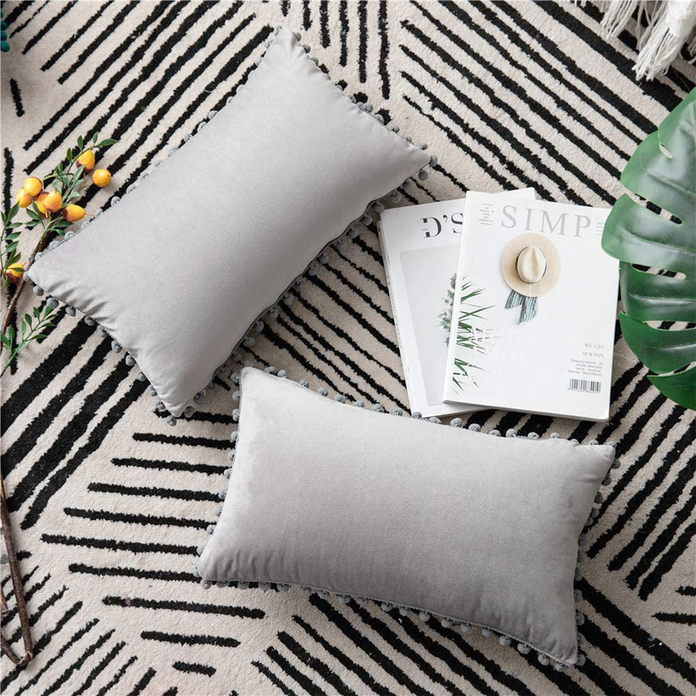 12''x20'' Velvet Pom pillow cover with nature-inspired artwork