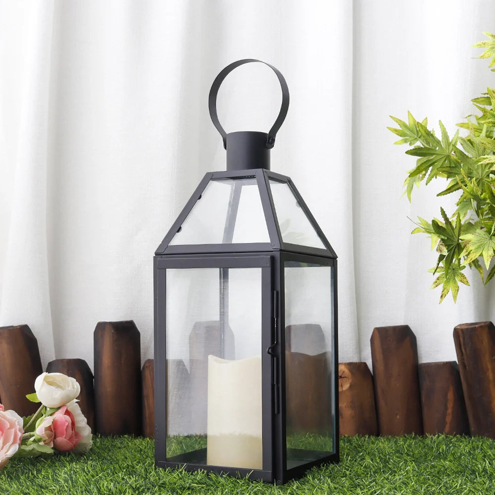 16"high Stainless Steel Black Candle Lanterns decorative candle lanterns with nature-inspired artwork