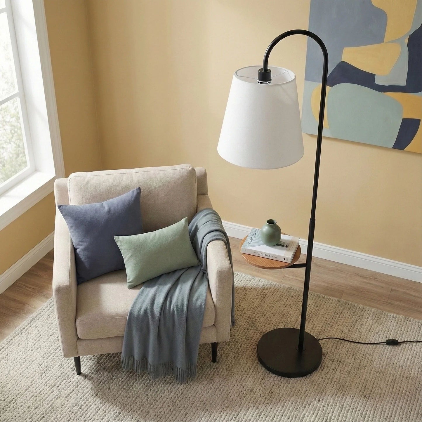 Black and White Floor Lamp With Wooded Table Base