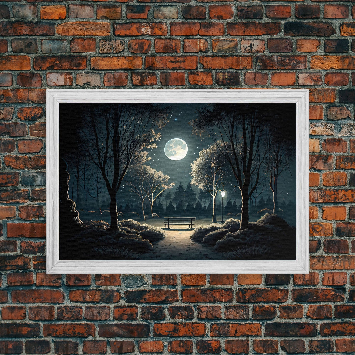 Snow Covered Park at Midnight | Framed Canvas Print
