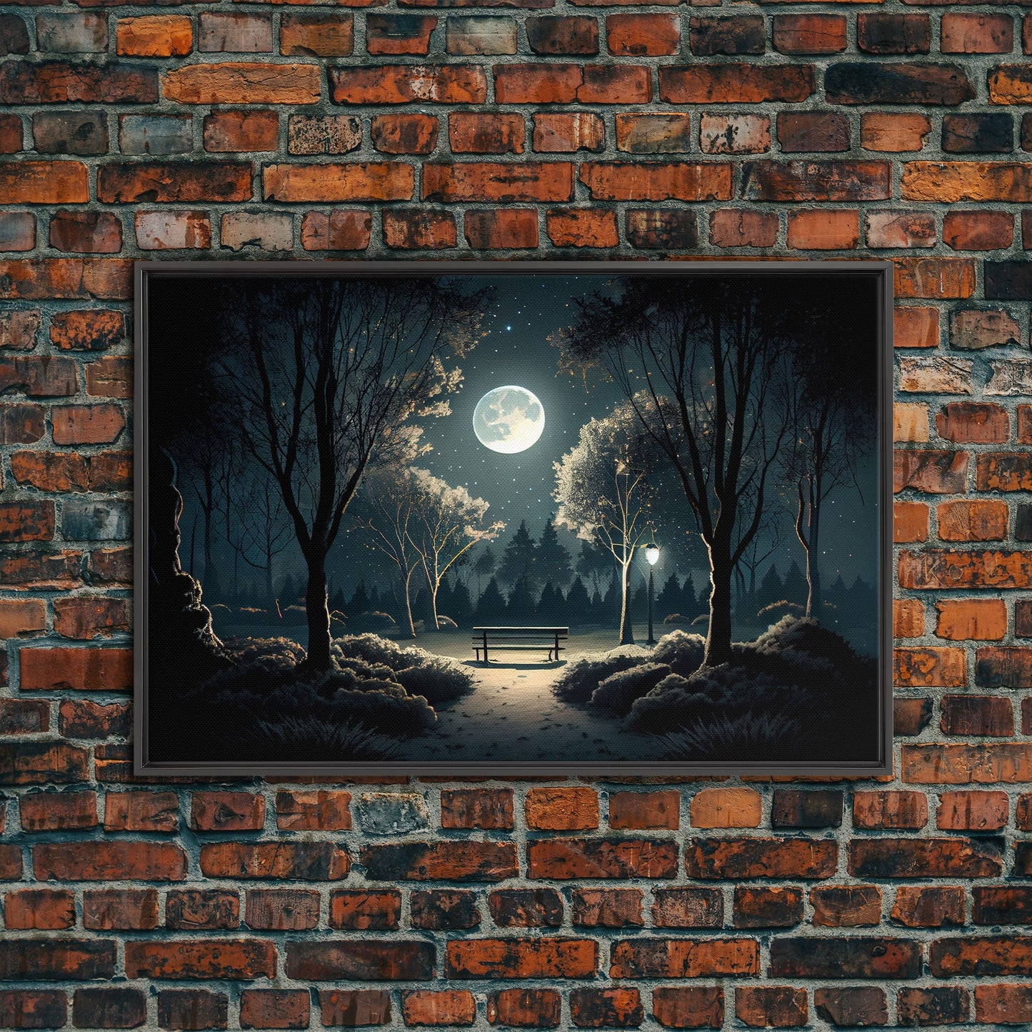 Snow Covered Park at Midnight | Framed Canvas Print