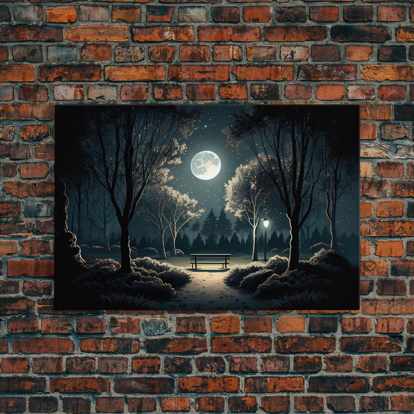 Snow Covered Park at Midnight | Framed Canvas Print