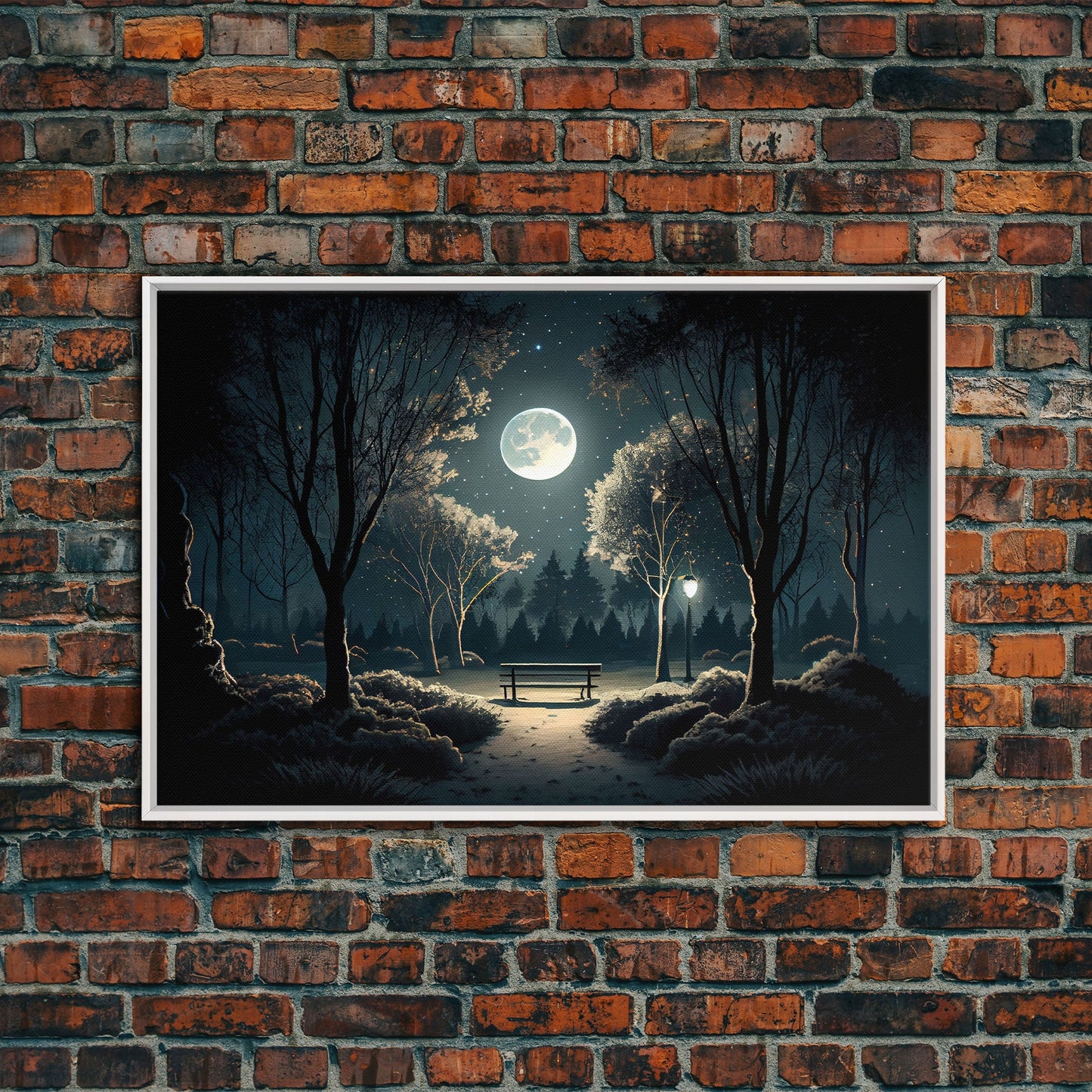 Snow Covered Park at Midnight | Framed Canvas Print