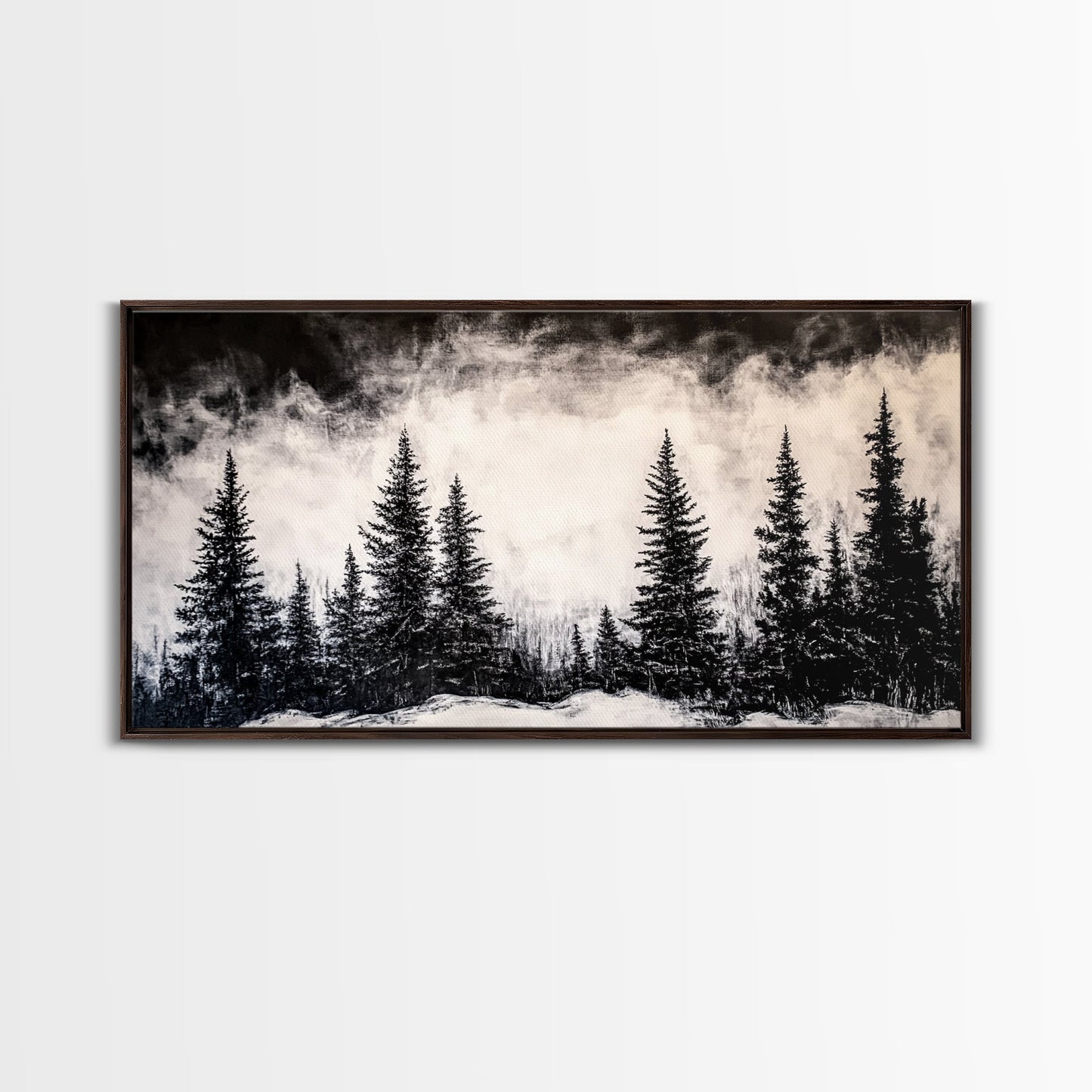 Pine Tree Foggy Winter | Black and White Framed Canvas Print