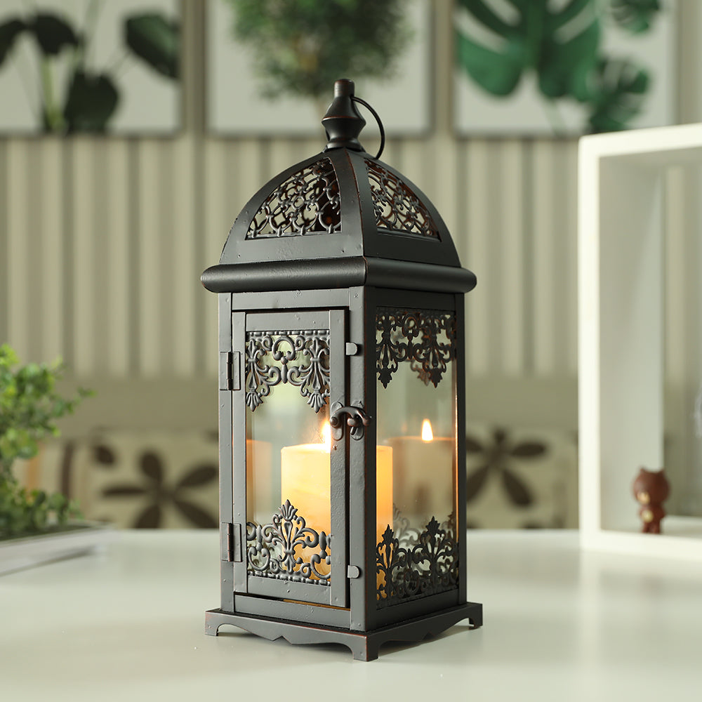 15" High Decorative Candle Lantern Black decorative candle lanterns with nature-inspired artwork - product view 2