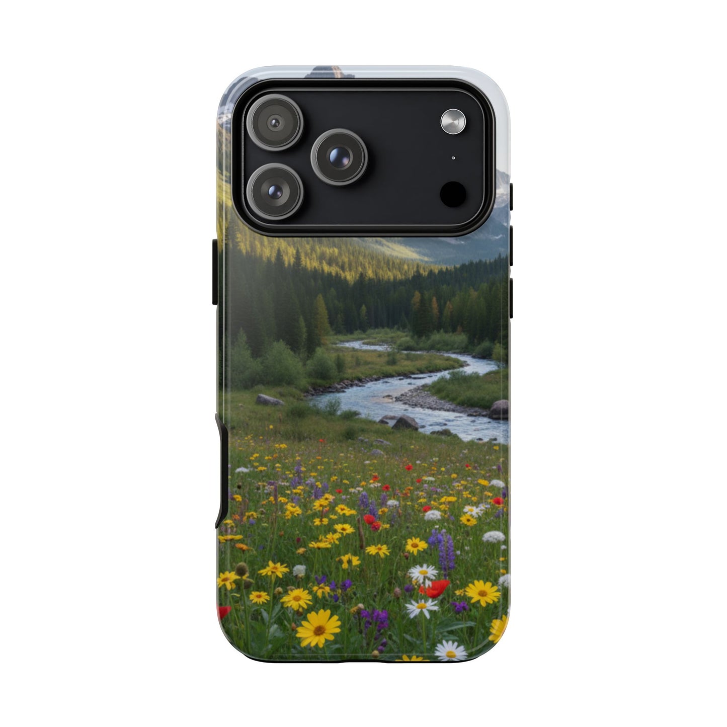 Mountain Meadow Phone Case — Vibrant Wildflowers, Stream & Mountain Design