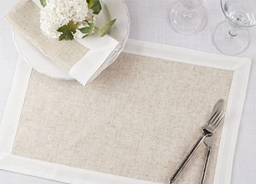 Natural & White Two-Tone Banded Border Placemats, Table Runner or Napkins