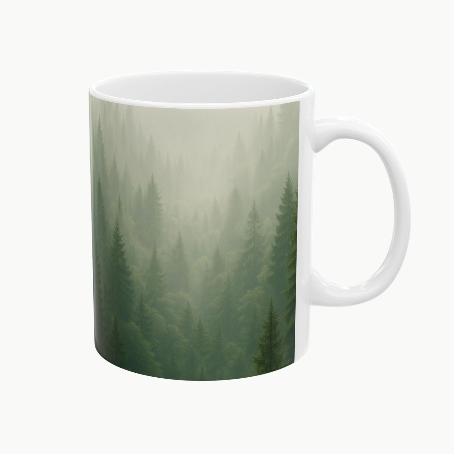 White mug with a forest design on a white background