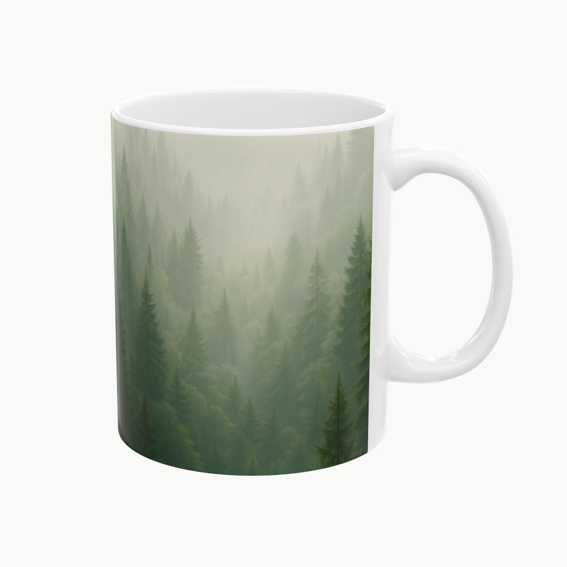 White mug with a forest design on a white background