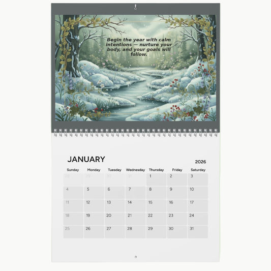 Calendar for January 2026 with a winter landscape design on a light green background