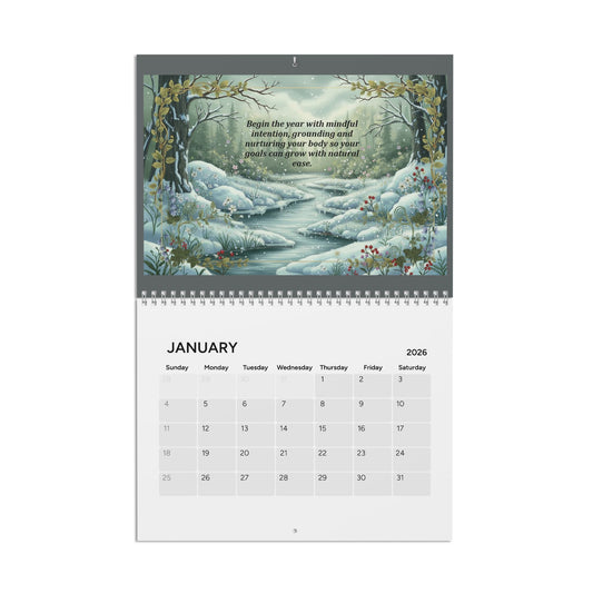 Calendar with a winter landscape design on a white background