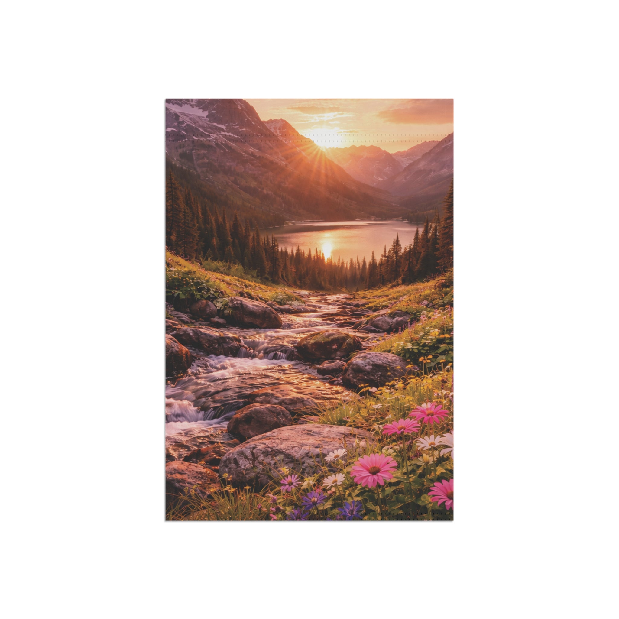 Sunset Mountain Lake with Wildflowers garden flag with nature-inspired artwork - product view 5