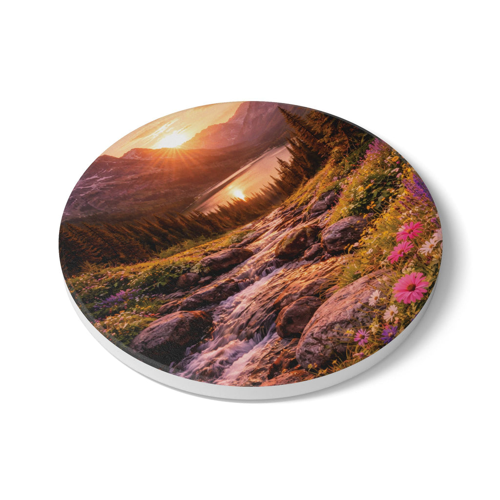 Sunset Mountain Valley Floral Scene coaster with nature-inspired artwork - product view 6