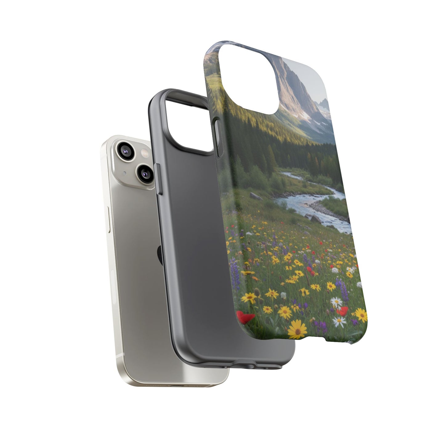Mountain Meadow Phone Case — Vibrant Wildflowers, Stream & Mountain Design