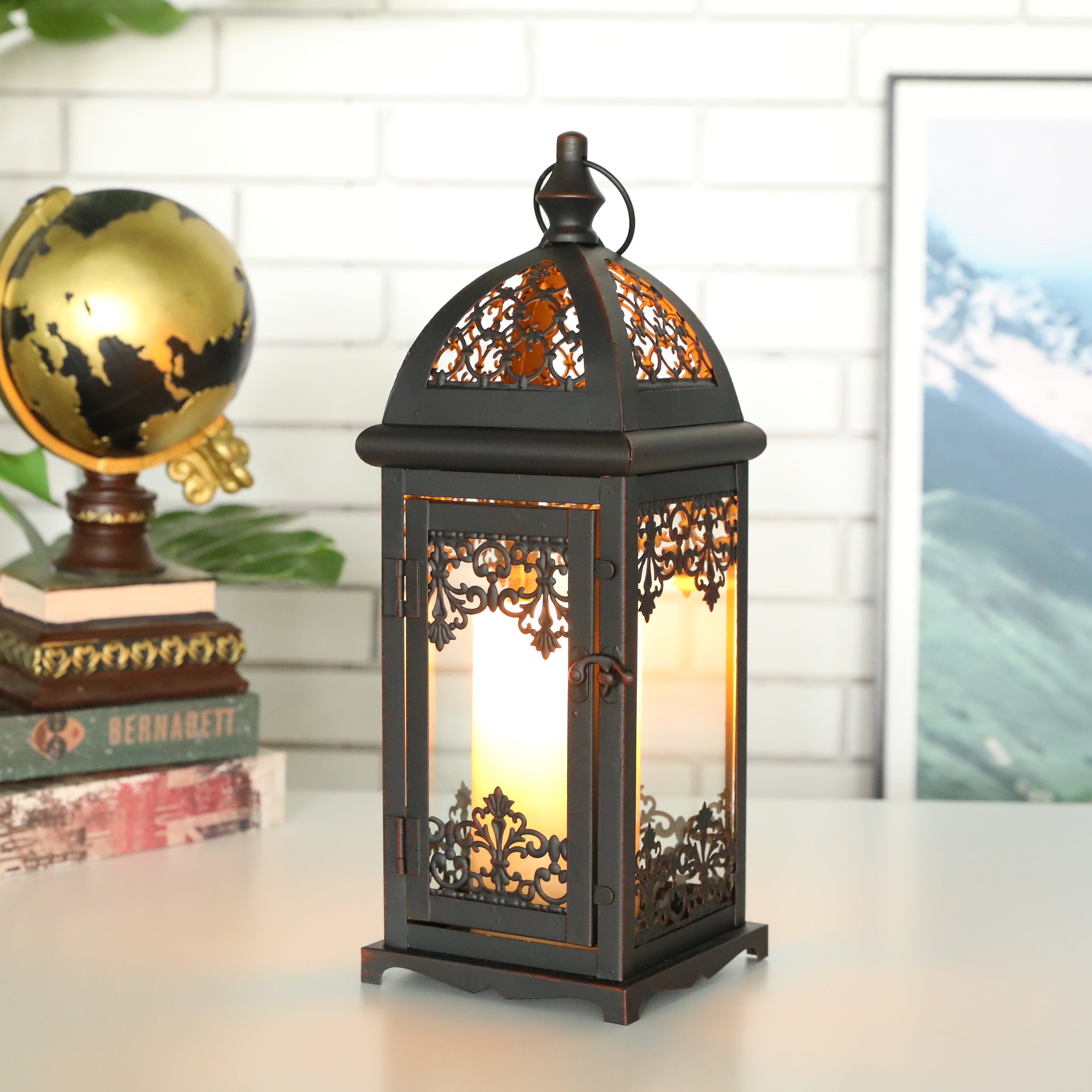 15" High Decorative Candle Lantern Black decorative candle lanterns with nature-inspired artwork