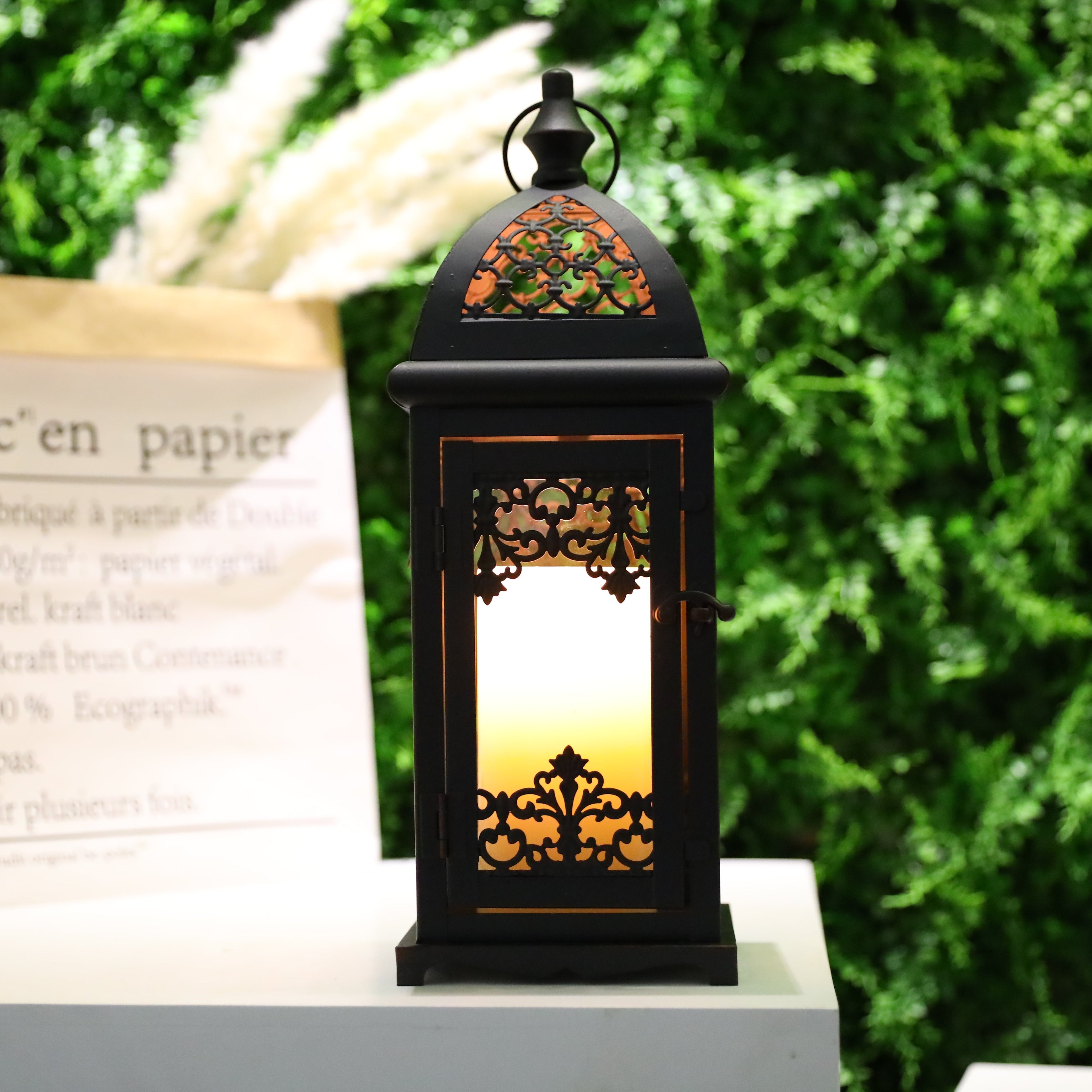 15" High Decorative Candle Lantern Black decorative candle lanterns with nature-inspired artwork - product view 4