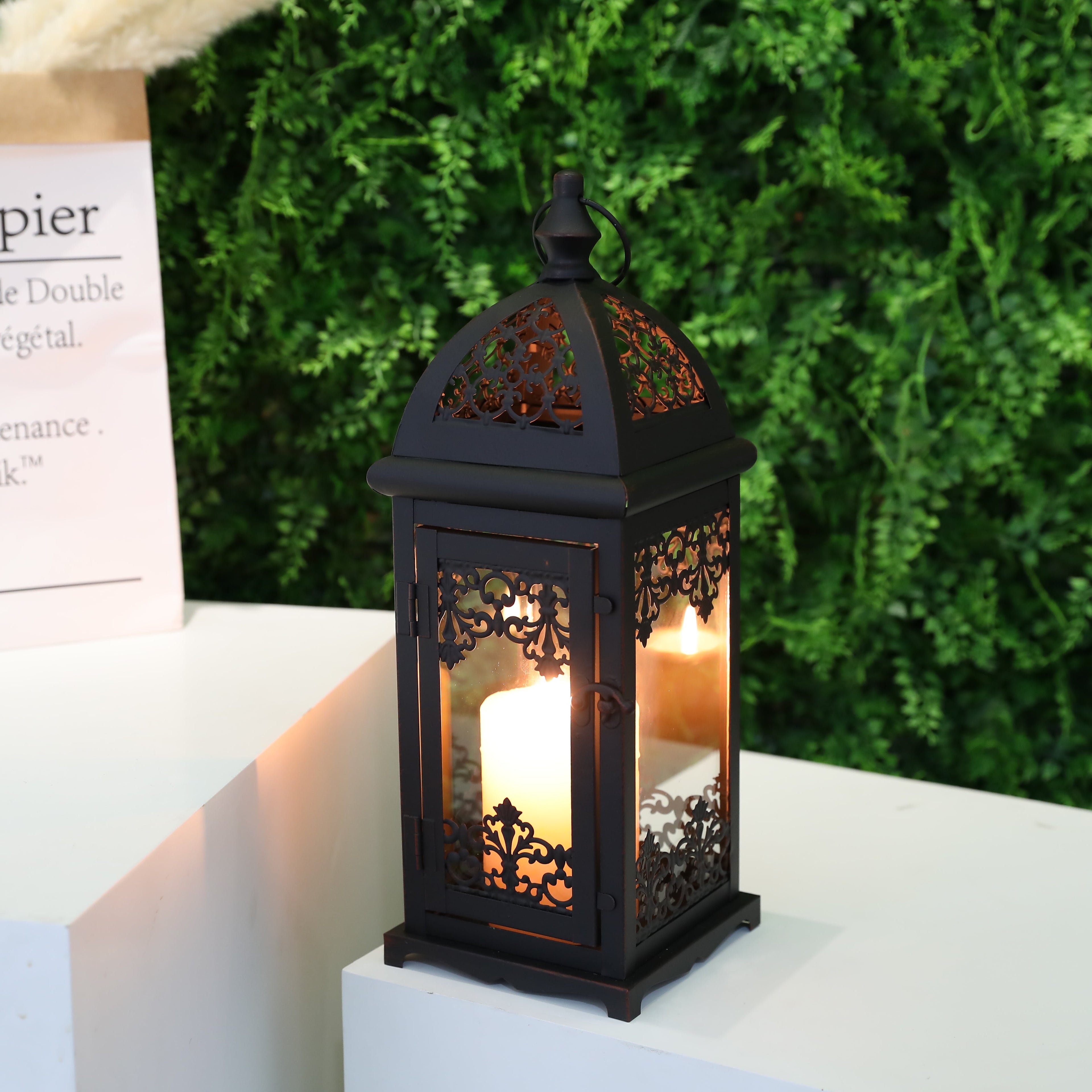 15" High Decorative Candle Lantern Black decorative candle lanterns with nature-inspired artwork - product view 3