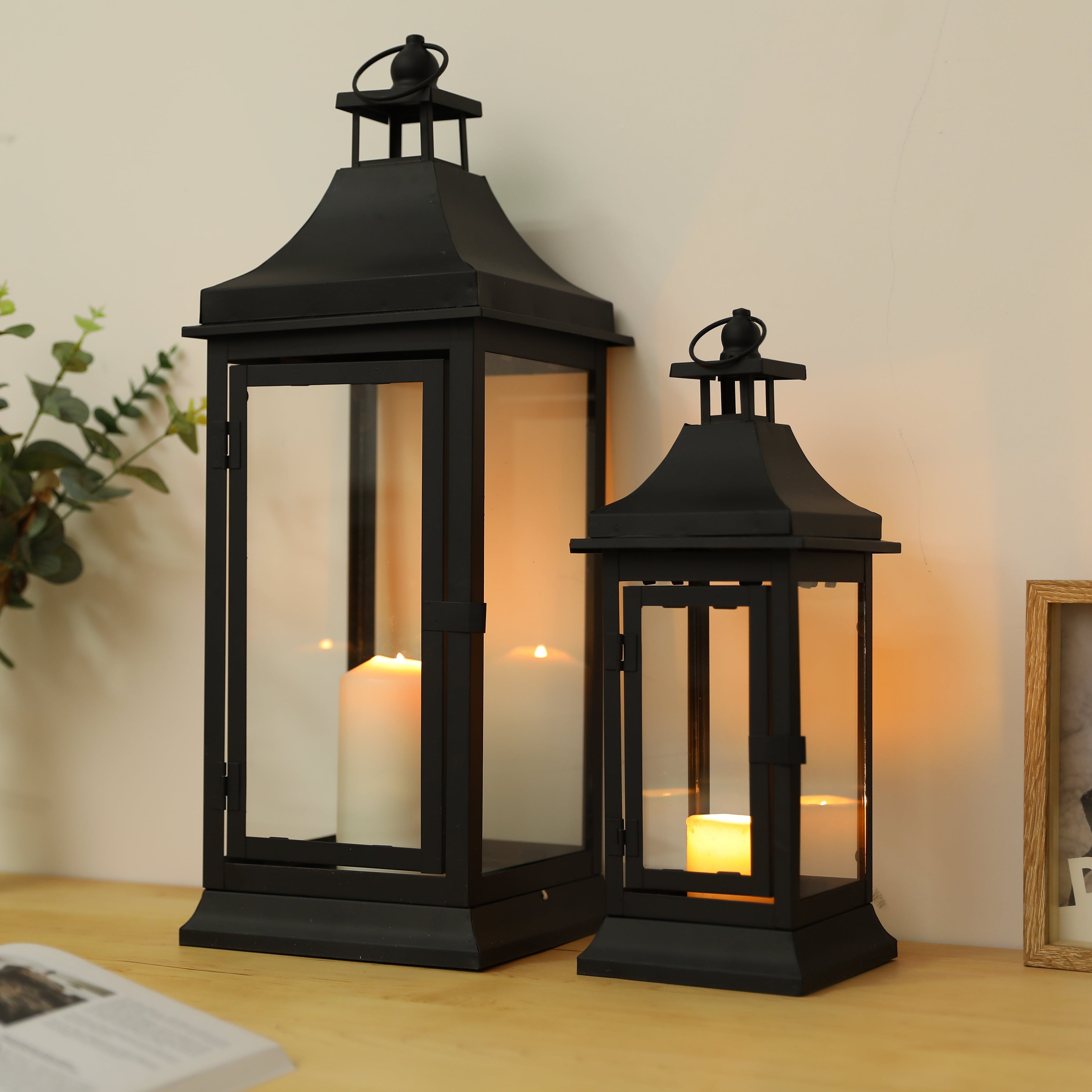 13''&19.5''tall Outdoor Candle Lanterns（set of 2） decorative candle lanterns with nature-inspired artwork