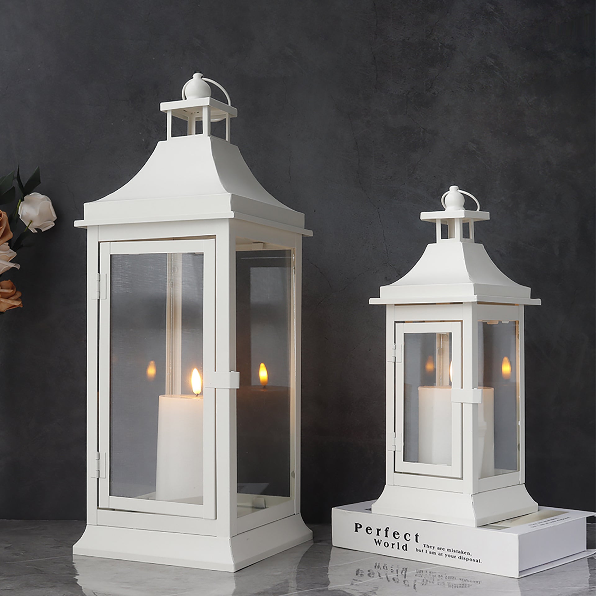 19.5''&13''tall Set of 2 Outdoor Candle Lanterns decorative candle lanterns with nature-inspired artwork