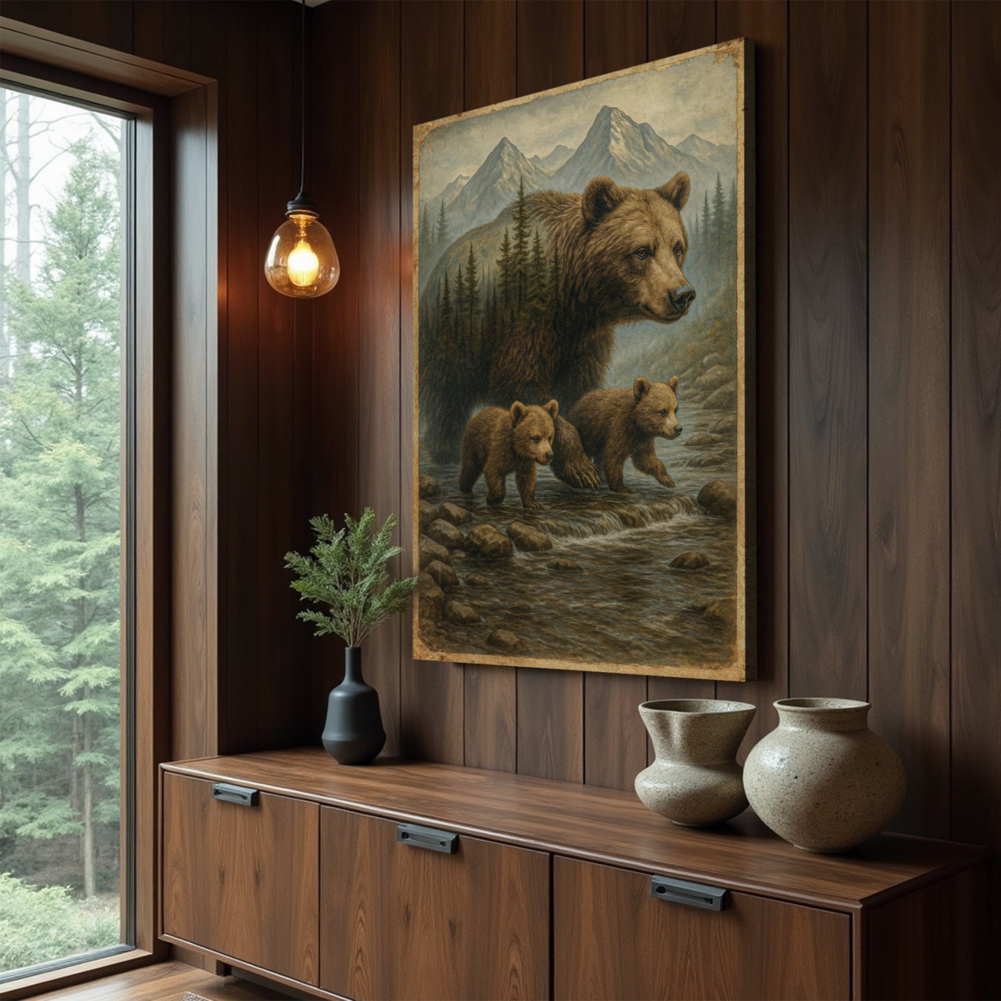 Mother Bear and Cubs Crossing Double Exposure wall art with nature-inspired artwork - product view 4