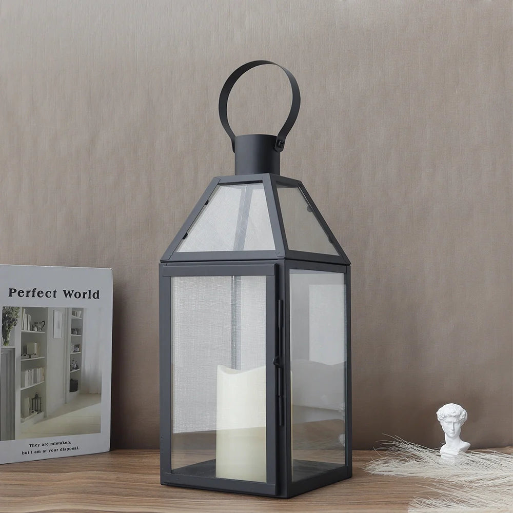16"high Stainless Steel Black Candle Lanterns decorative candle lanterns with nature-inspired artwork - product view 2