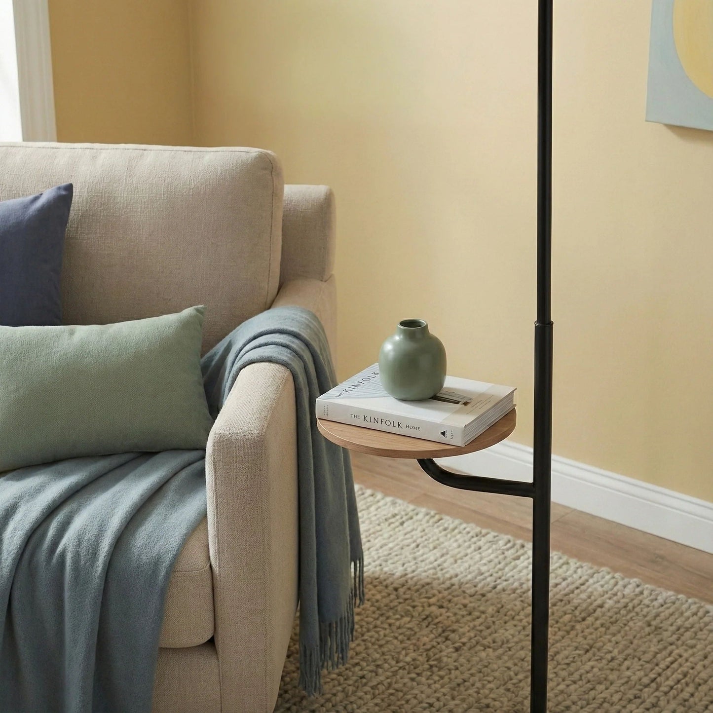 Black and White Floor Lamp With Wooded Table Base