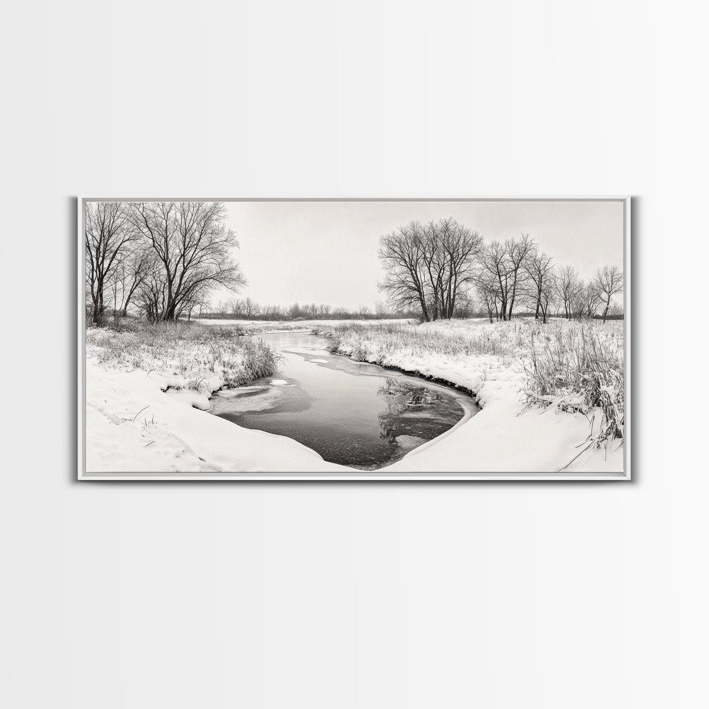 Frozen Stream & Bare Trees | Black & White Landscape Canvas Print