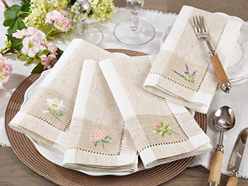 Cottage Orchid Embroidery Hemstitch Border Cloth Napkins 20 x 20 Inch, Set of 4