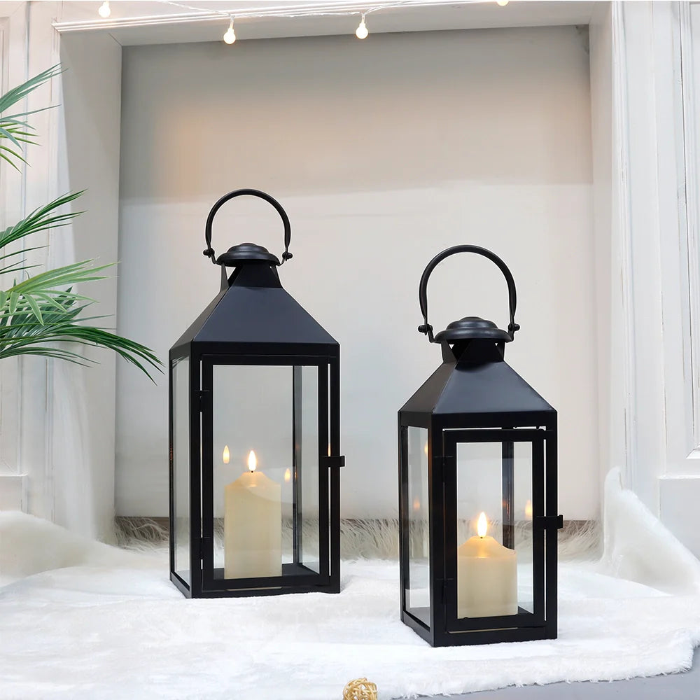 Set of 2 -17.5"&13.5"High Metal Candle Lanterns(Black)